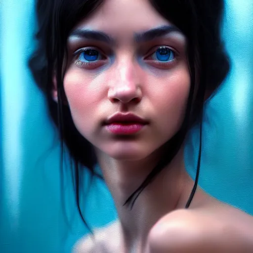 Prompt: a beautiful masterpiece painting of the last poet whispering,'if all can begin again, then everything must continue!'by juan gimenez, slight smile, long shiny black hair blue eyes, award winning, trending on artstation, photorealistic, hyperrealism, octane render, unreal engine