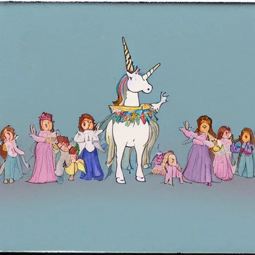 Image similar to by tony northrup mood, lavish robin egg blue, polaroid. a illustration of a pantomime unicorn onstage, surrounded by a group of children who are clapping & cheering. the unicorn is wearing a sparkly costume & has a long, flowing mane. its horn is glittering & its eyes are wide open.