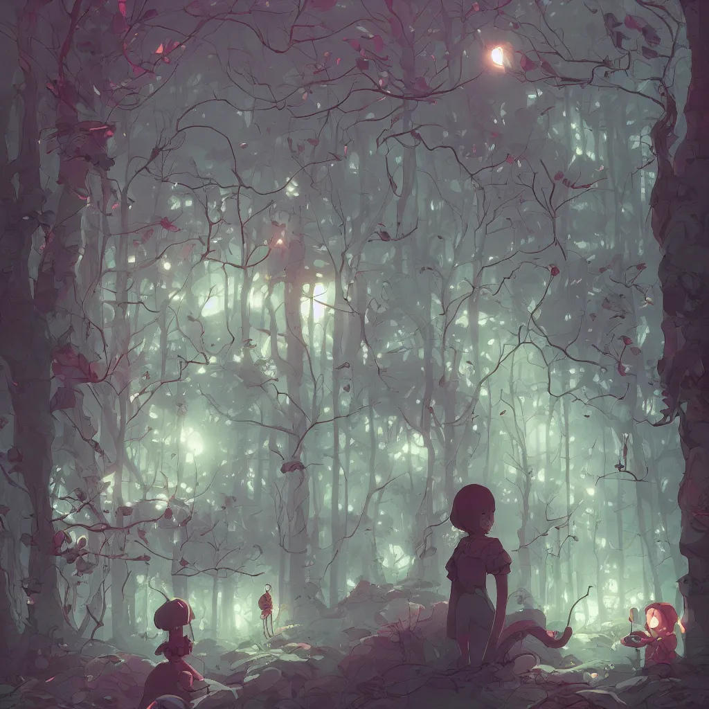 Prompt: the house in the forest, dark night, leaves in the air, fluorescent mushrooms, animals, gibli, atey ghailan, lois van baarle, jesper ejsing, many different patterns, exquisite lighting, clear focus, very coherent, very detailed, contrast, vibrant, digital painting