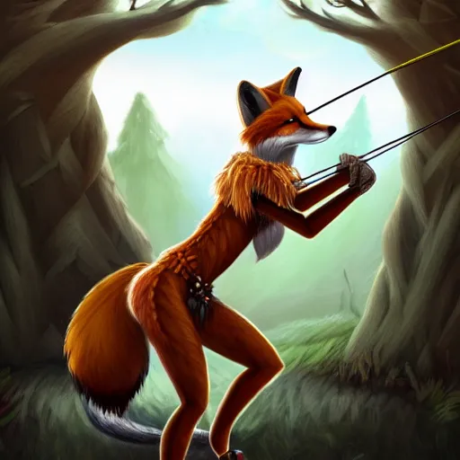 Prompt: award-winning extremely detailed FurAffinity fantasy art of a wild naturally beautiful shapely fur-covered female warrior fox with black paws and dazzling eyes and a long tail and long braided hair, wielding a bow, 4k, realistic shading, trending on FurAffinity