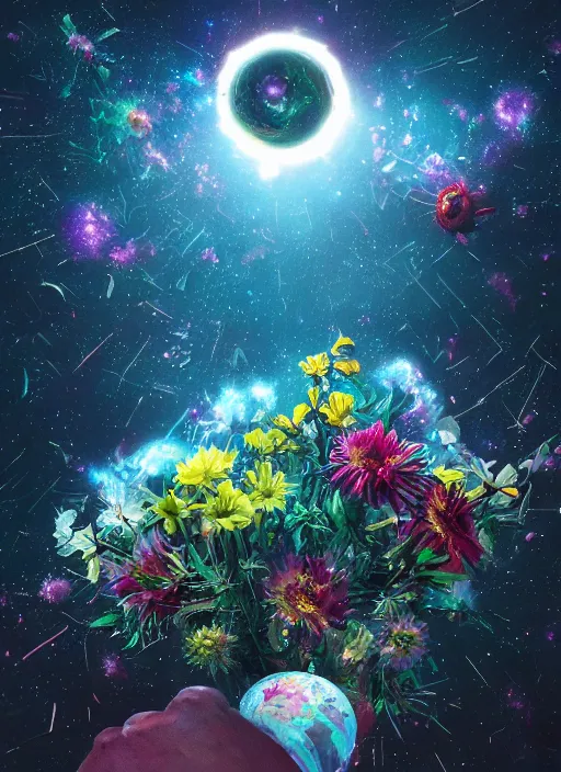 Prompt: An epic fantastic realism comic book style painting of the most beautiful entwined flowers launched across the dark galactic night sky, nebulous bouquets, fisheye lens, unreal 5, DAZ, hyperrealistic, octane render, dynamic lighting