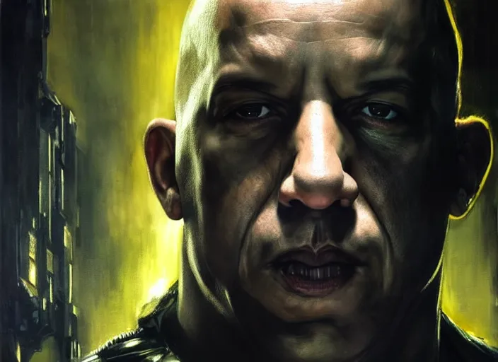 Image similar to vin diesel as victor stone, full body concept, cyborg, borg, strogg, face of a man, terminator, flesh, quake strogg, doom demon, wolfenstein, monstrous, powerful, symmetry, symmetrical, concept art by ruan jia and greg rutkowski