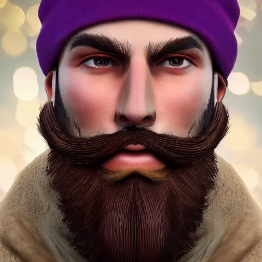 Image similar to strong attractive man face symettry brown beard with christmas hat masculine traits brown hair purple eyes clean skin ultra realistic highly detailed highly realistic 8 k photo realistic