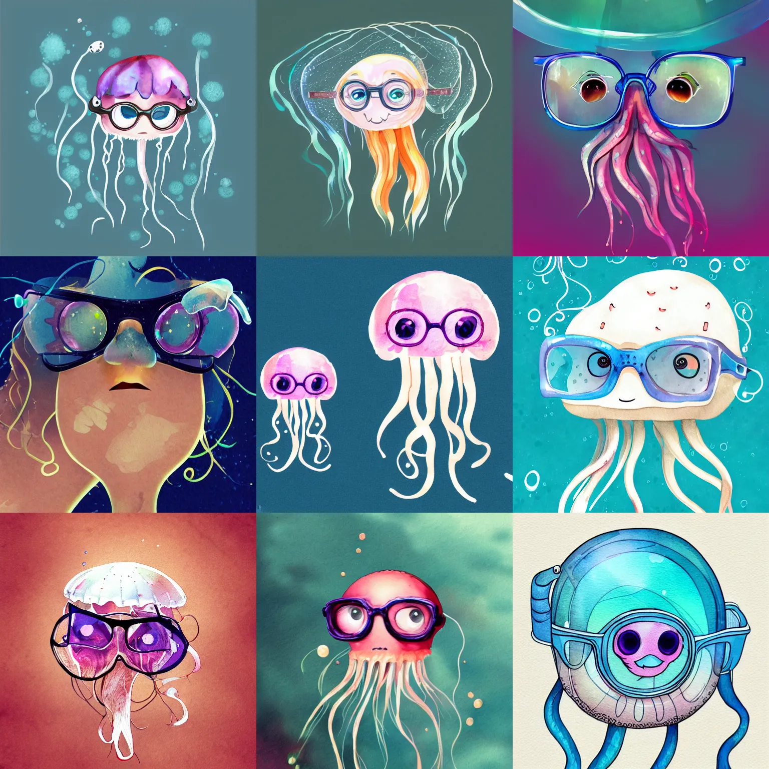 Prompt: jellyfish wearing glasses, glasses frames, cute, underwater, digital watercolor, artstation, particulate