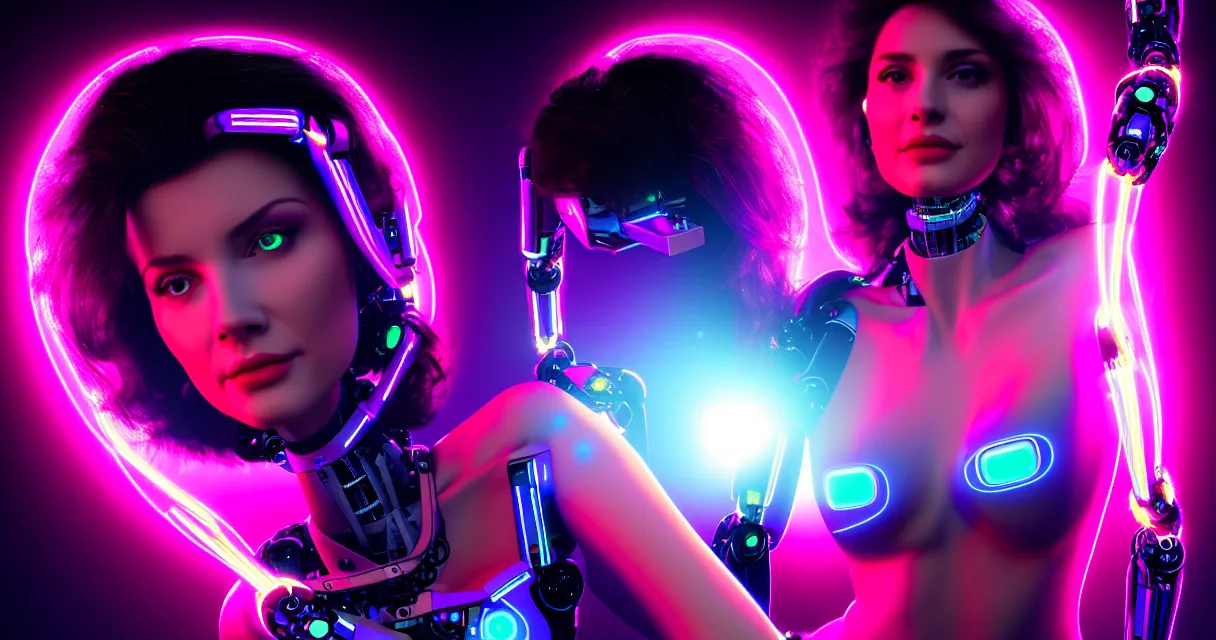 Image similar to beauty woman in holograms, with robotic arms, electronic case display, 80s style sci-fi tech, ultrarealistic, dramatic lighting, backlit, cables and wires, electrical details, high details, 4k, 8k, best, accurate, trending on artstation, artstation, photorealism, ultrarealistic, digital painting, style of Caravaggio, Boris Vallejo