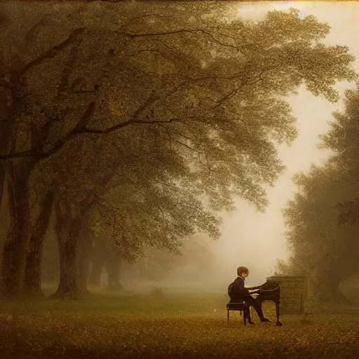 Image similar to an impressively euphoric 1 8 0 0 s romanticism - inspired photograph depicting a man playing a piano underneath a foggy tree line at dawn inspired by liberty leading the people