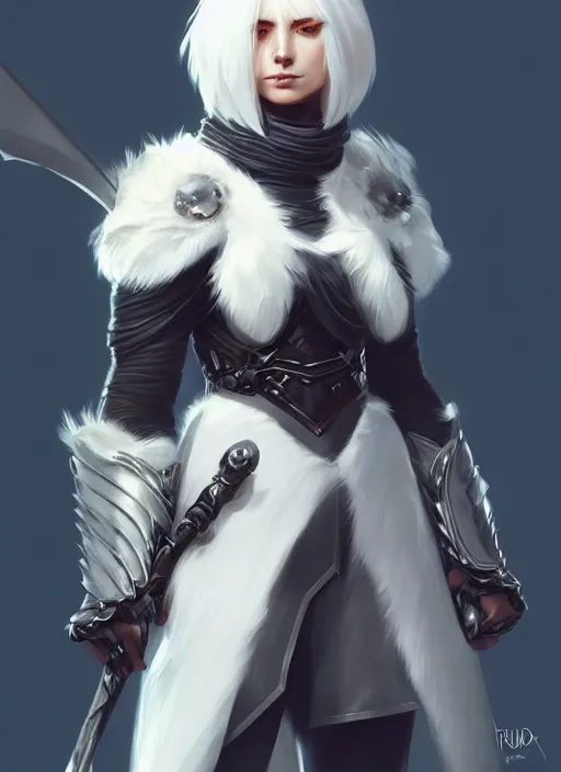 Image similar to fur - lined armor!!! beautiful and elegant white haired female!! gorgeous ayes!! character concept art, sharp focus, octane render! unreal engine 5! highly rendered!! trending on artstation!! detailed linework!! illustration by bussiere rutkowski andreas rocha