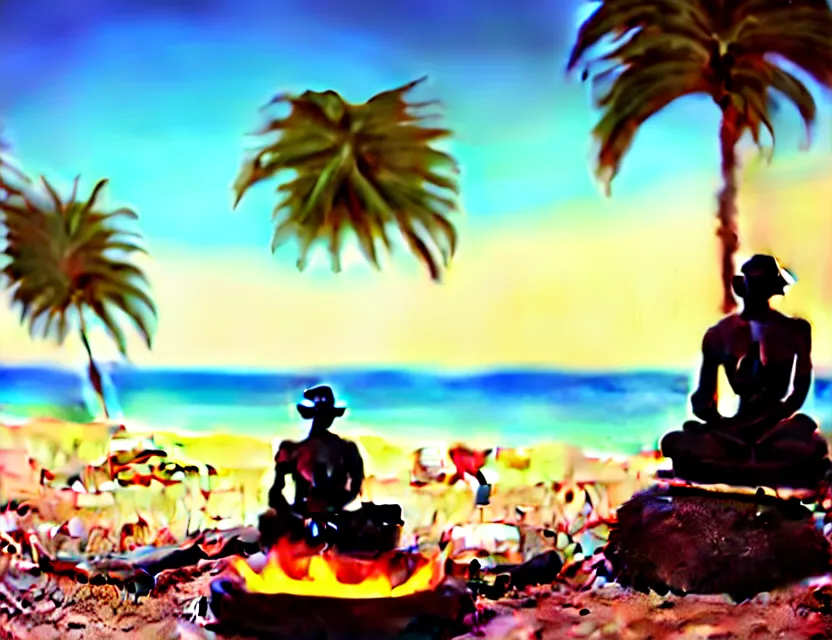 Prompt: gandhi at the beach sitting on the sand next to a campfire with palm trees in the back, concept artwork, 3 d render, official art, promotional art, beautiful intricately detailed, 8 k,