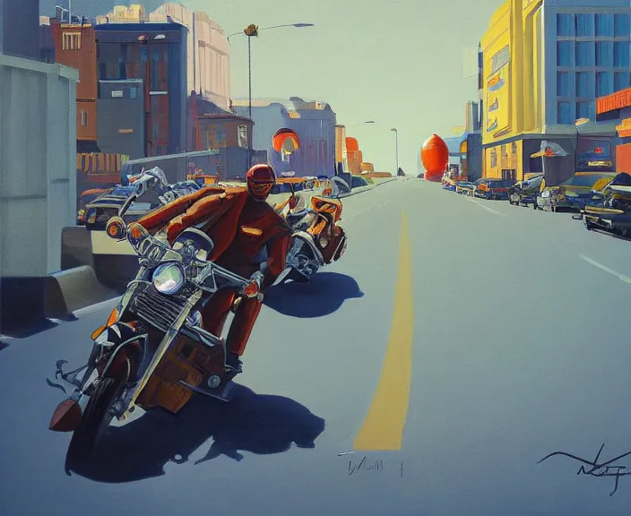 Image similar to a very detailed painting of a astronaut wearing a suit, riding a motorbike down a street, harley davidson motorbike, worm's - eye view, very fine brush strokes, very aesthetic, very futuristic, in the style of edward hopper and grant wood and syd mead, 4 k,