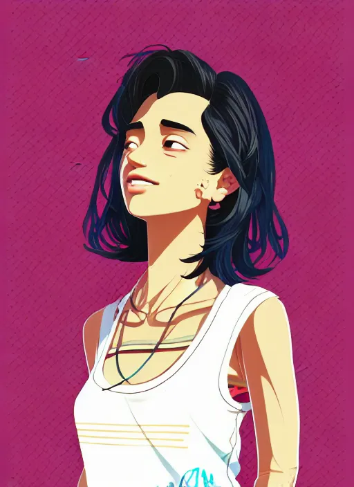 Prompt: character portrait of a cool latina girl with messy black hair, 2 8 7 hairstyle, wearing a tanktop, lesbian, highly detailed, colored, stylized, medium shot, vector line art, clean cel shaded vector art, by lois van baarle, ross tron, artgerm, helen huang, makoto shinkai, ilya kuvshinov, rossdraws