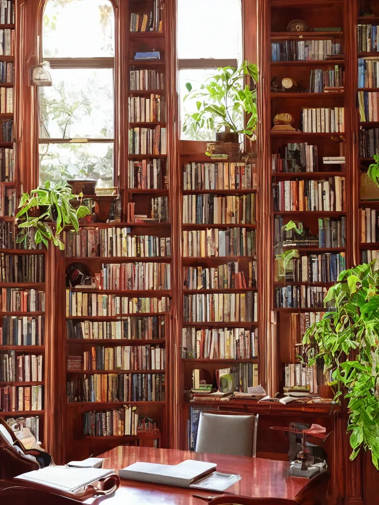 Image similar to A beautiful office room with mahogany bookcases and many beautiful plants and sunset light coming through the windows