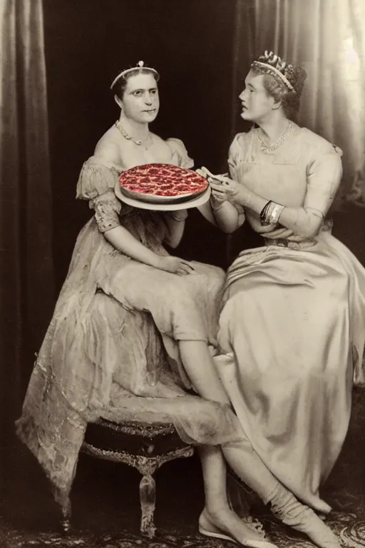 Prompt: historical photo of queen margherita ( savoy ) sharing a pizza! margherita with her slave girl, full body, portrait photo, diffuse light, acclaimed masterpiece