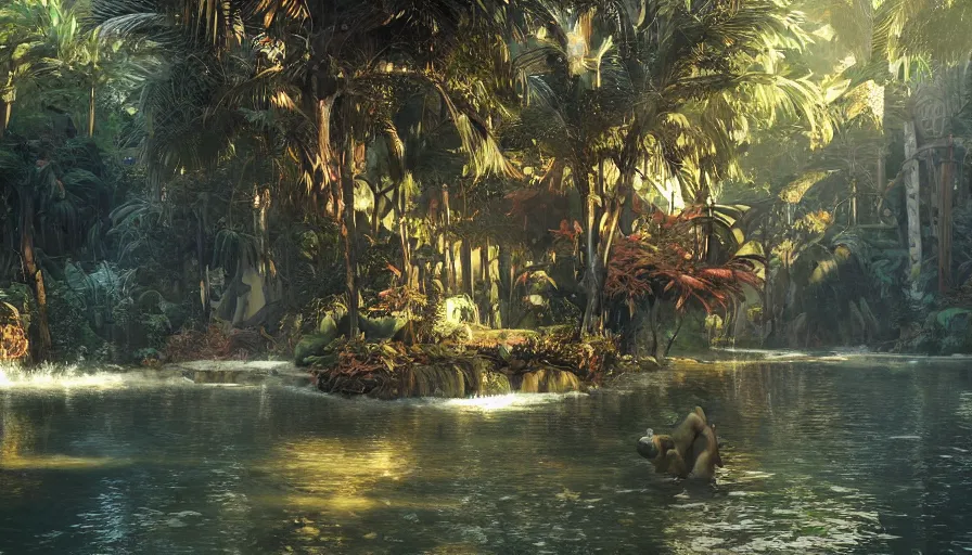 Image similar to craig mullins, frank frazetta art, science fiction landscape, jungle animals and palm trees, water, unreal engine, hyper realism, realistic shading, realistic render, octane render, detailed textures, photorealistic, wide shot