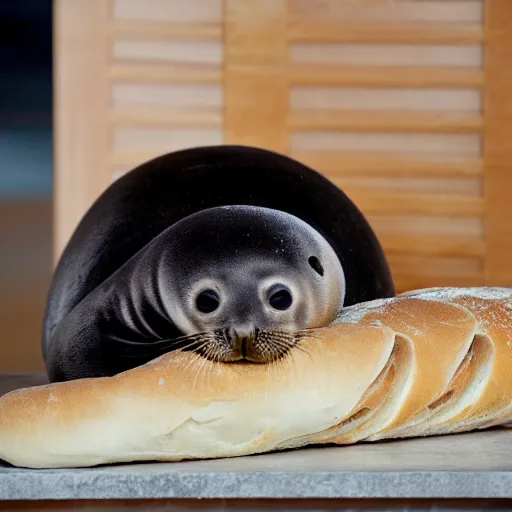 Prompt: baby seal disguised as a loaf of bread, hiding in a bakery, photo, detailed, 4k