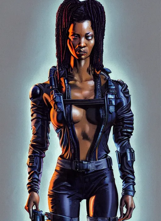 Prompt: selina igwe. cyberpunk mercenary in tactical harness and jumpsuit. dystopian. portrait by stonehouse and mœbius and will eisner and gil elvgren and pixar. realistic proportions. cyberpunk 2 0 7 7, apex, blade runner 2 0 4 9 concept art. cel shading. attractive face. thick lines. moody industrial landscape.