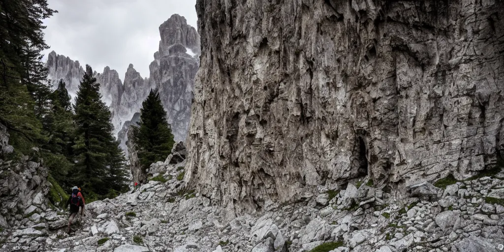 Prompt: desperate, trapped by ancient alpine beings, screaming, lost in the woods, in the dolomites, transforming into something old