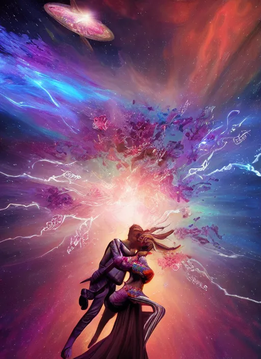 Prompt: An epic fantastic realism comic book style painting of the most beautiful entwined flowers launched across the galaxy, floating bouquets, fisheye, lightning creating life, unreal 5, DAZ, hyperrealistic, octane render, dynamic lighting
