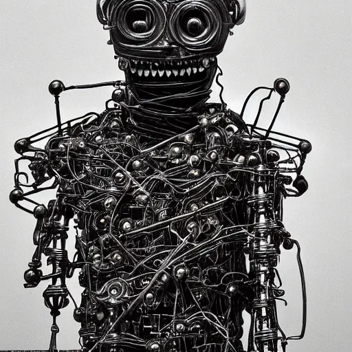 Image similar to clockwork man made of wires and tin, eyes shone bright in the night, bereft of soul and cast without a skin, he shambled and cried a plaintive plight, cinematic, hyper detailed, epic scale, rule of thirds.