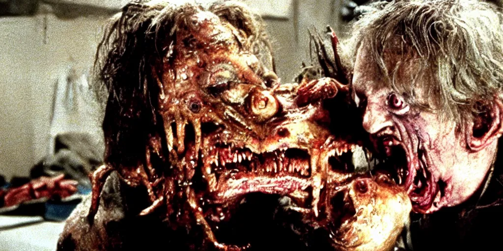 Image similar to a demonic vile disturbing disgusting horror visceral creature eating a human, from the thing, david cronenberg