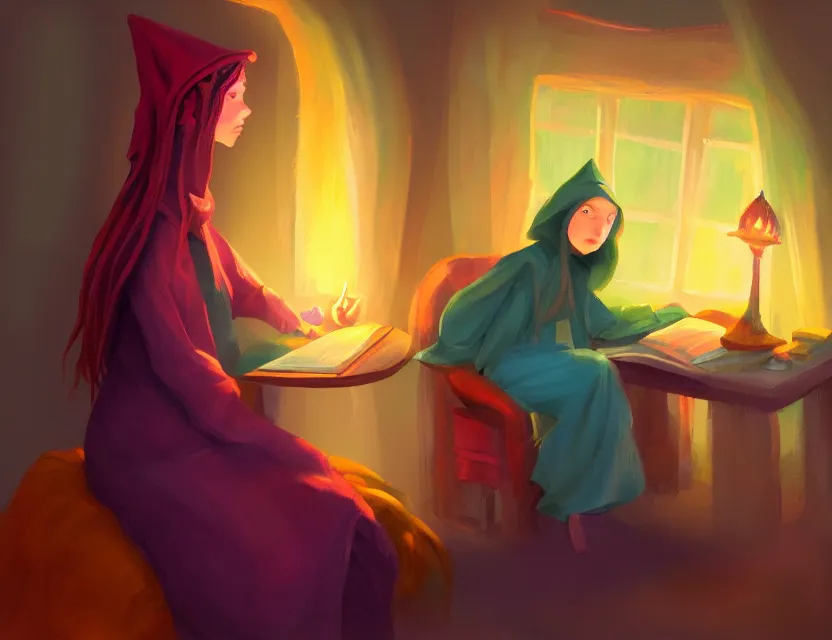 Prompt: bird witch girl in a cozy study. complementary colors, oil painting, indie concept art, bloom, chiaroscuro, backlighting.