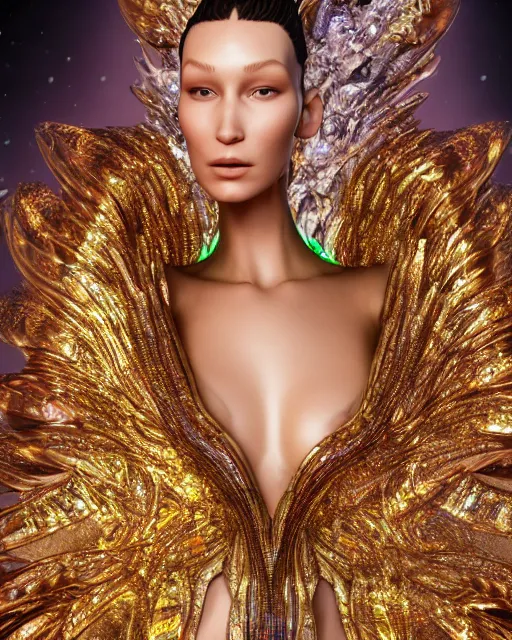 Image similar to a highly detailed metahuman 4 k close up render of an alien goddess bella hadid as alien in iris van herpen dress schiaparelli in diamonds crystals swarovski and jewelry iridescent in style of alphonse mucha gustav klimt trending on artstation made in unreal engine 4