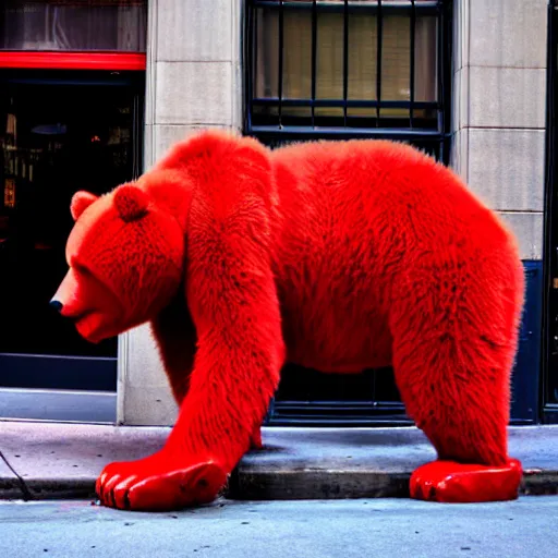 Image similar to large red bear on a street in new york city in the style of yves tanguy