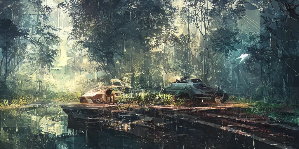 Prompt: a futuristic swap filled with technology and animals, nature, alligators, water digital art by alena aenami by greg rutkowsky