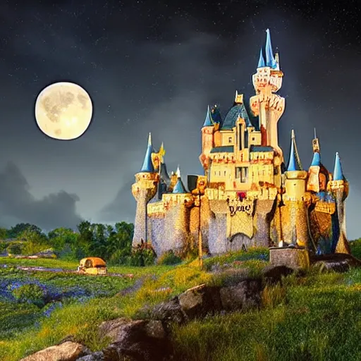 Image similar to realistic photo : a glowing sleeping beauty castle on a countryside at night under the stars, a full moon, and clouds