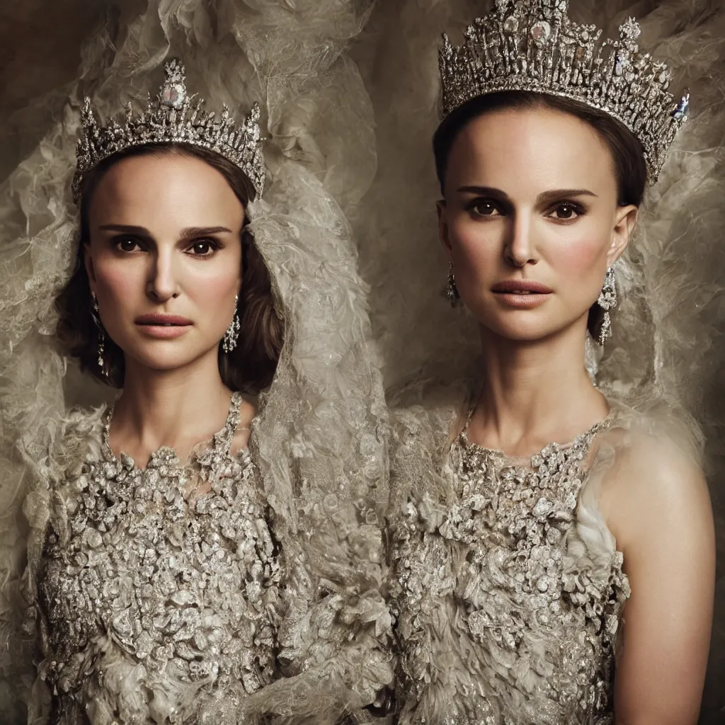 Image similar to natalie portman as the queen of england, big crown adorned with emerald, diamonds, topaz and other jewellaries, sensual, beautiful soft light failling on her face, zoomed out, studio photography, nikon 3 5 mm portrait photography, ultra realistic