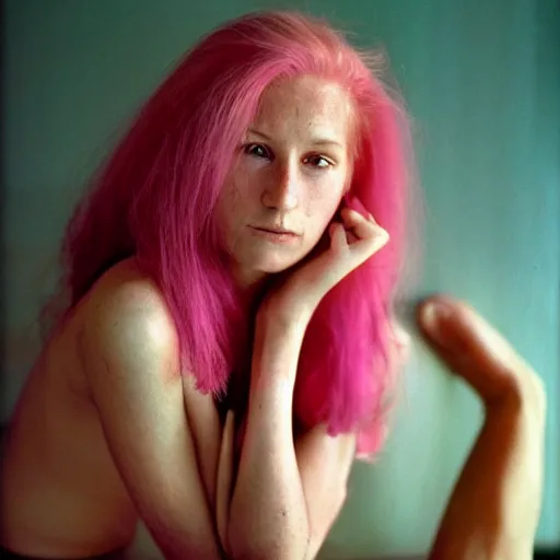 Image similar to a beautiful woman with pink hair and fair skin, portrait photograph, nikon 3 5 mm, photograph by annie leibovitz and steve mccurry,