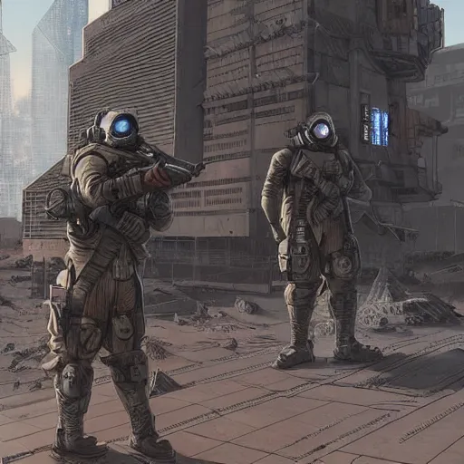 Image similar to a cyberpunk soldier with tactical gear and a rifle patrols a japanese city on mars, Industrial Scifi, detailed illustration, character portrait, by Martin Grip and Moebius