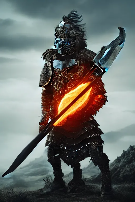 Prompt: portrait photo of a brutal nordic Warrior, wearing intricate steel armor, holding magical fiery battle-axe, sharp focus, highland landscape with few trees background, magical aura, heroic pose, fantasy style, octane render, volumetric lighting, 8k high definition, highly detailed, trending on ArtStation, centered