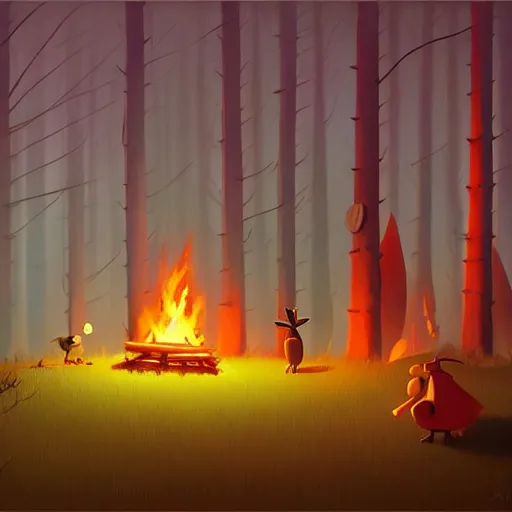 Prompt: goro fujita ilustration a dark forest illuminated by a large cozy bonfire, painting by goro fujita, sharp focus, highly detailed, artstation