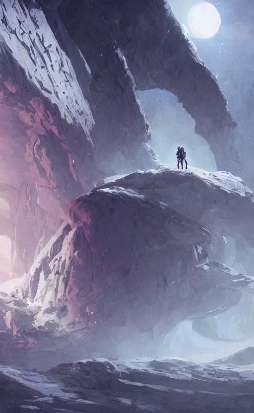 Prompt: a beautiful artwork illustration, concept art sketch of an astronaut in white futuristic cybernetic armor in front of a cave on the moon, volumetric fog, godrays, high contrast, vibrant colors, vivid colors, high saturation, by Greg Rutkowski and Jesper Ejsing and Raymond Swanland and alena aenami, featured on artstation, wide angle, vertical orientation