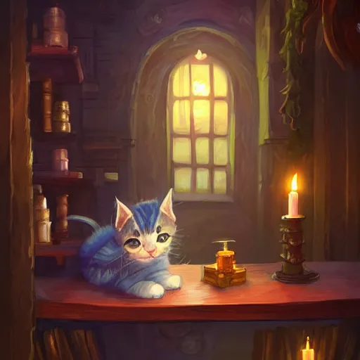 Image similar to beautiful fantasy illustration of an adorable kitten sleeping on the counter of a potion shop. candles, books. by andreas rocha and marc simonetti, trending on artstation 8k hq