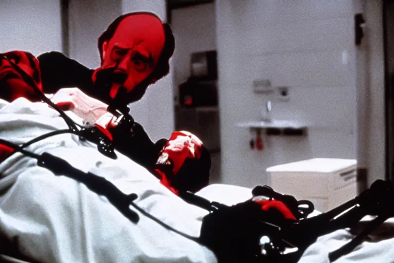 Prompt: a scene from the movie dead ringers with jeremy irons, dark cinematic lighting, heavy black and red color contrast, medical equipment, movie directed by wes craven