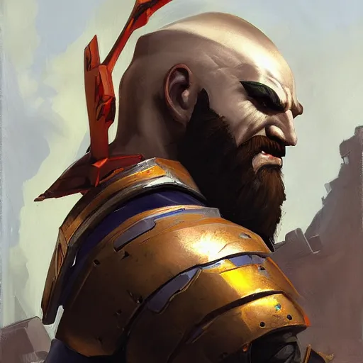 Image similar to greg manchess portrait painting of armored mega kratos as overwatch character, medium shot, asymmetrical, profile picture, organic painting, sunny day, matte painting, bold shapes, hard edges, street art, trending on artstation, by huang guangjian and gil elvgren and sachin teng