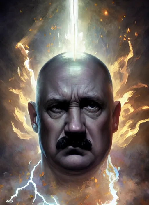 Prompt: close-up of character concept portrait of Hitler from Fantastic 4 conjuring a violent void multiversal fire, a floating iridescent lightning and thunder dragon from God of War in the center, intricate, elegant, digital painting, concept art, smooth, sharp focus, illustration, by WLOP and Ruan Jia and Mandy Jurgens and William-Adolphe Bouguereau, Artgerm