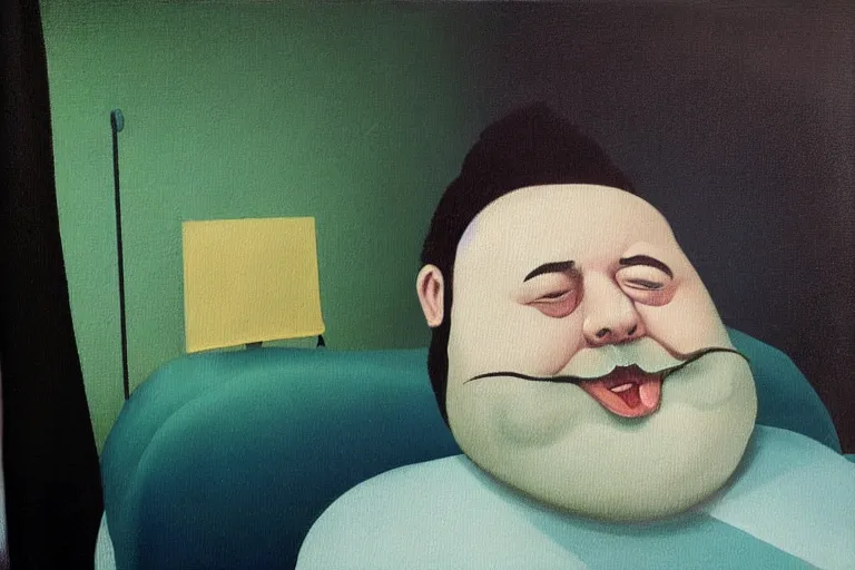 Prompt: “Happy Fat man with big beard having summer vacation in Hospital bed. Painting in the style of Magritte”