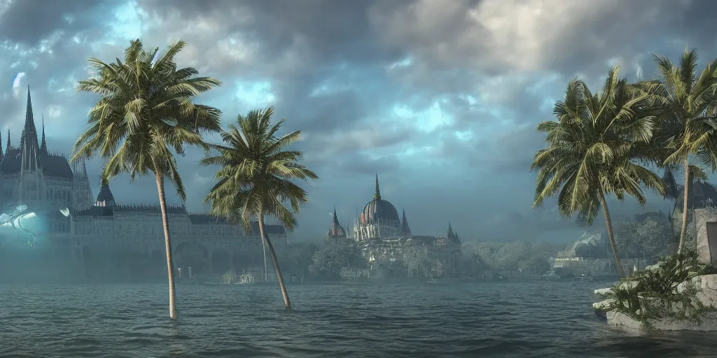 Prompt: matte painting of a hungarian parliament underwater-beach, palm trees behind, 4k, 8k, highly detailed, trending on ArtStation, CGSociety