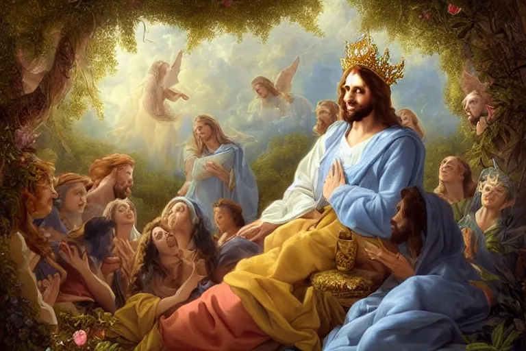 Prompt: A fantasy fairytale story style portrait painting, King Jesus Christ with a crown on his head, surrounded by happy people and angels in white robes, ultra detailed faces, intense smoldering, soul penetrating invasive eyes. Fantasy atmospheric lighting, digital painting, hyperrealistic, François Boucher, Oil Painting, Cozy, natural light, lush plants and flowers, visually crisp & clear, Volumetric Golden dappled dynamic lighting, Regal, Refined, elegant, bright clouds, luminous stellar sky, outer worlds, cognitive Coherence cohesion character illustration, photorealistic, Vivarium, Theophanic atmosphere, michael whelan, William-Adolphe Bouguereau, Michael Cheval, Crisp hd resolution, Digital Art, hyperdetailed, artstation, cgsociety, Highly Detailed, Cinematic Lighting, HD resolution, unreal 5, DAZ, hyperreality, octane render, Unreal Engine