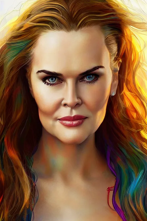 Image similar to portrait of a mix of beautiful young maria shriver, mariel hemmingway, brooke shields, nicole kidman and elle macpherson as a mermaid, thin lips, hair tied up in a pony tail, colorful artstation, cgsociety