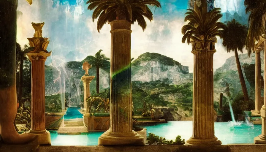 Image similar to Inside the Palace of the occult, mediterranean balustrade and columns, refracted sparkles, thunderstorm, greek pool, beach and Tropical vegetation on the background major arcana sky and occult symbols, by paul delaroche, hyperrealistic 4k uhd, award-winning, very detailed paradise