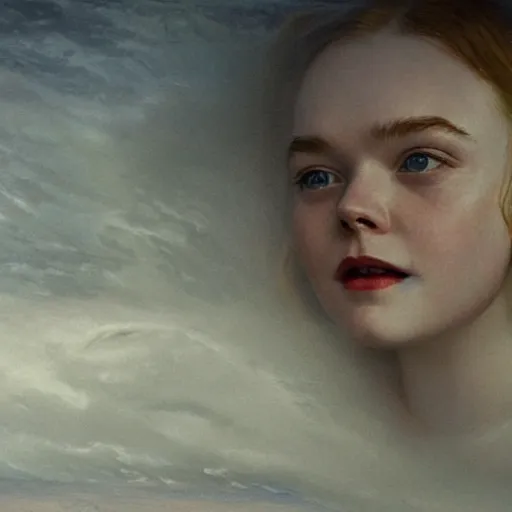 Prompt: Elle Fanning lost at sea at night, stormy weather, extremely detailed masterpiece, oil on canvas, Roger Deakin’s cinematography, by Norman Rockwell,