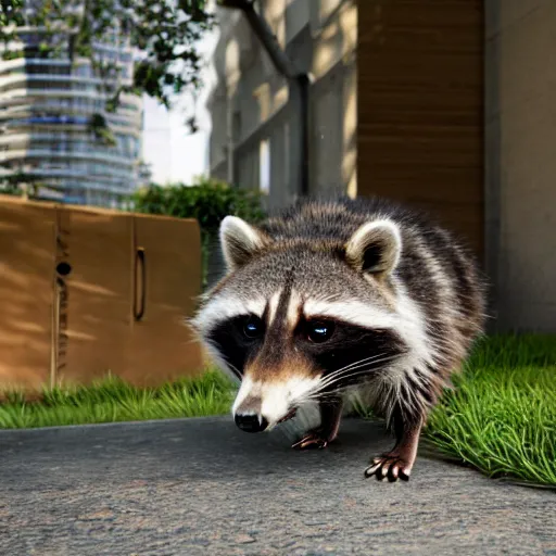 Image similar to a hyperrealistic octane render of a raccoon with camera lenses for eyes, photorealism, unreal engine, dramatic lighting, volumetric lighting, uplighting