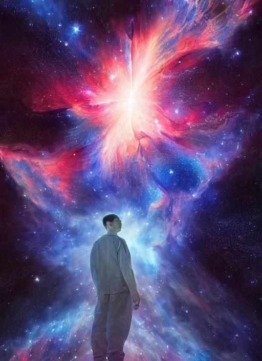 Image similar to nebula consciousness as a giant, stars surround him, interesting angle, sharp focus, 8 k high definition, insanely detailed, intricate, art by kazuya takahashi, fenghua zhong, sangsoo jeong, kevin hou