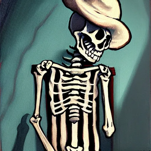 Image similar to skeleton wearing striped pajamas, rustic oil painting, in the style of tim jacobus, dungeons & dragons, magic the gathering, inside of a bedroom, with a nightcap, comfy, sleepy, dim lighting, warm, extremely detailed, sharp focus, 4 k