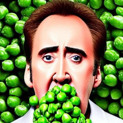 Image similar to nicolas cage with peas on his face, screaming in a wicker basket