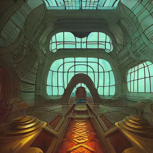 Image similar to alien interior with arched windows, inspired by Frank Lloyd Wright, natural sunlight, bright colors, romantic greenery, cinematic, lofi, calming, dramatic, fantasy, by Moebius, by zdzisław beksiński, cyberpunk LUT, high contrast, epic composition, sci-fi, dreamlike, surreal, angelic, 8k, unreal engine, hyper realistic, fantasy concept art,