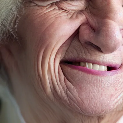 Image similar to an old woman smiling. she has a thin transparent oxygen tubing under her nose